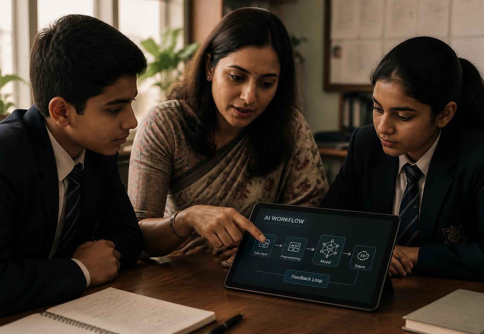 Mentor guiding students through an AI workflow