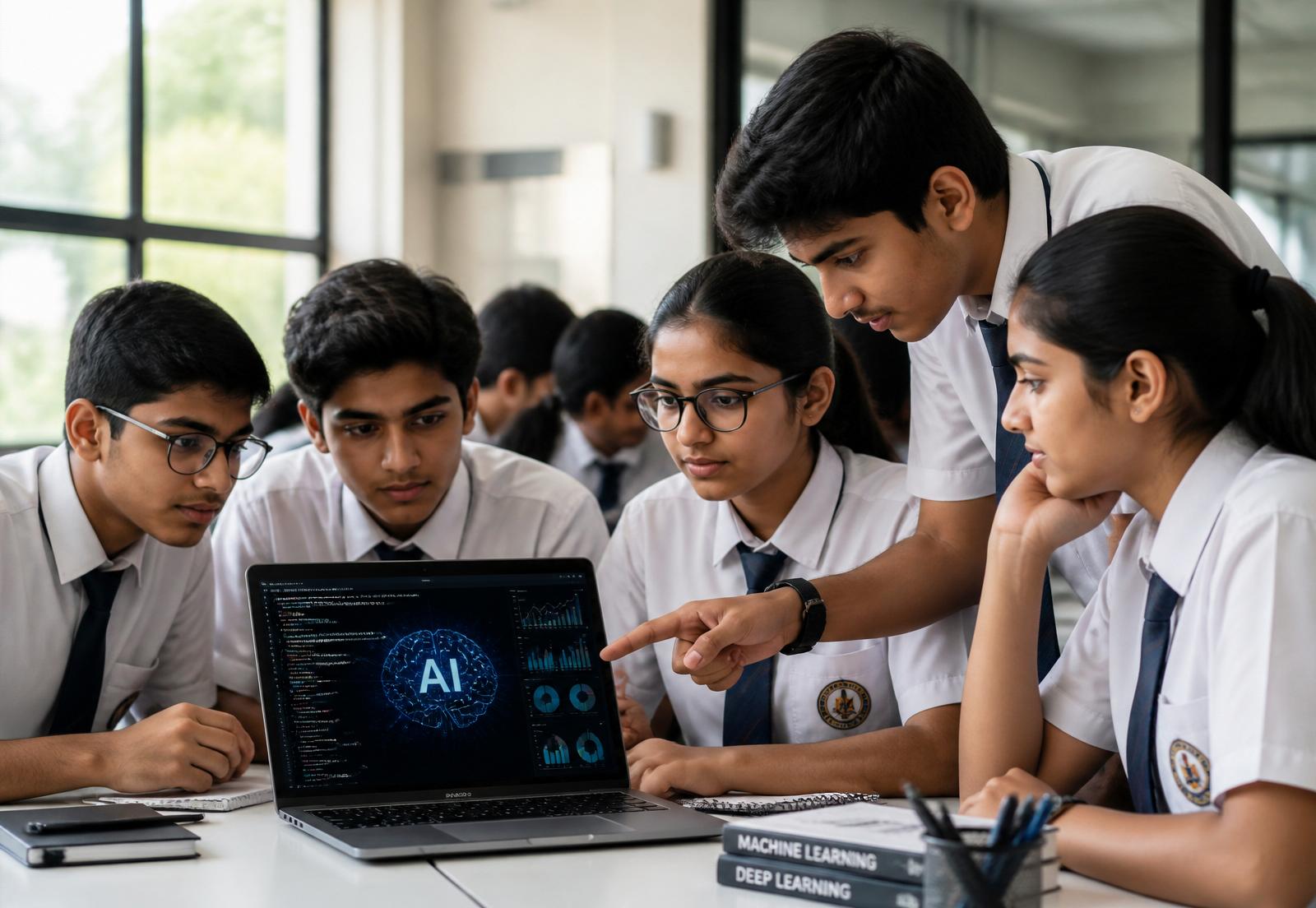 School students collaborating on an AI project